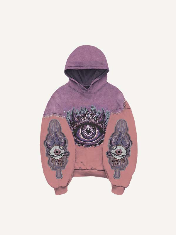 Sudadera con capucha y bolsillos inclinados con estampado de ojo de demonio y globo ocular en bloques de color 