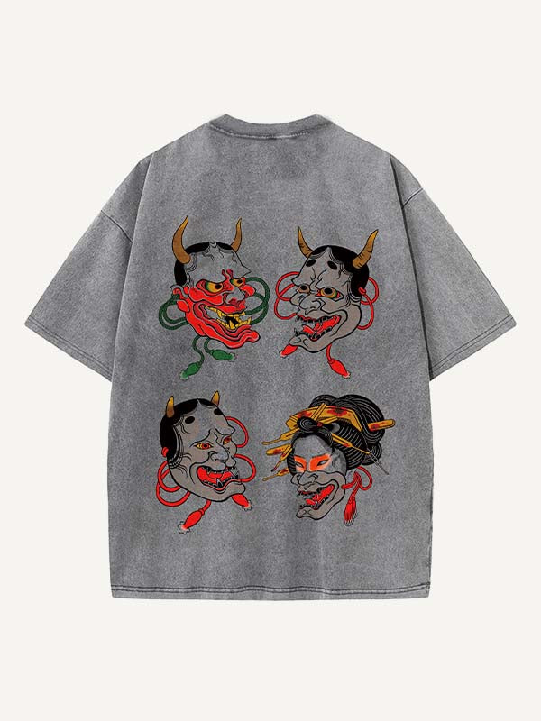 Camiseta de cuello redondo con estampado gráfico y figura lavada desgastada 