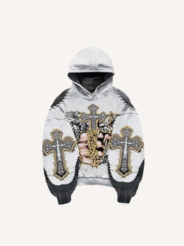 Sudadera con capucha y bolsillos inclinados con estampado de palmeras, cruces, letras, ángeles y dinero en bloques de color 