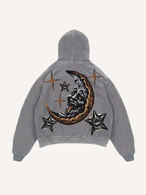 Sudadera con capucha y bolsillos inclinados con estampado de luna, sol, nubes y estrellas malvadas y desgastada 