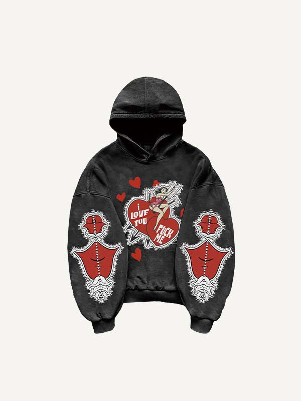 Figure&Heart&Arrow&Letter Faux Decal Print Slant Pockets Hoodie