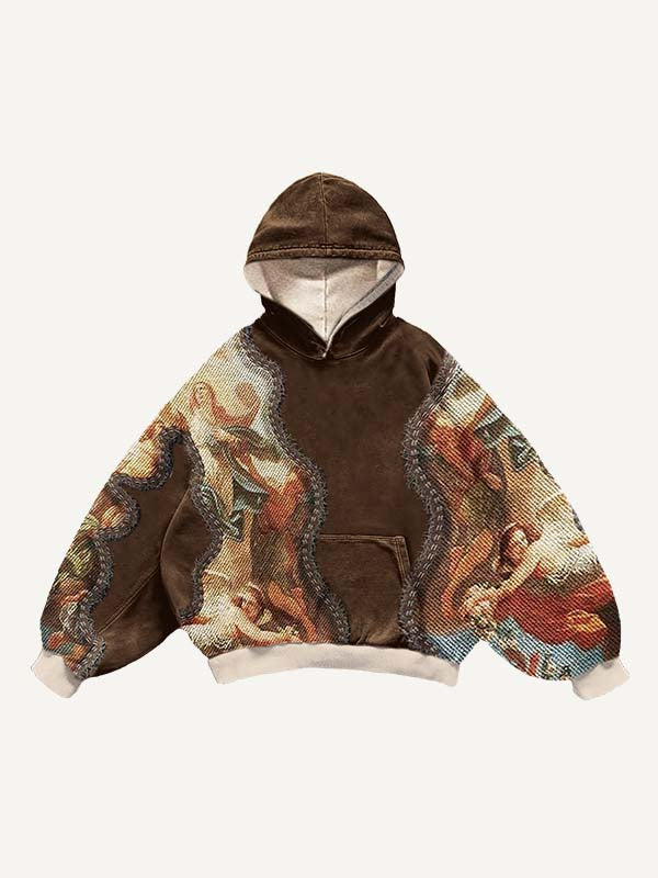 Sudadera con capucha y bolsillos inclinados con estampado de calcomanías falsas de figuras en bloques de color 