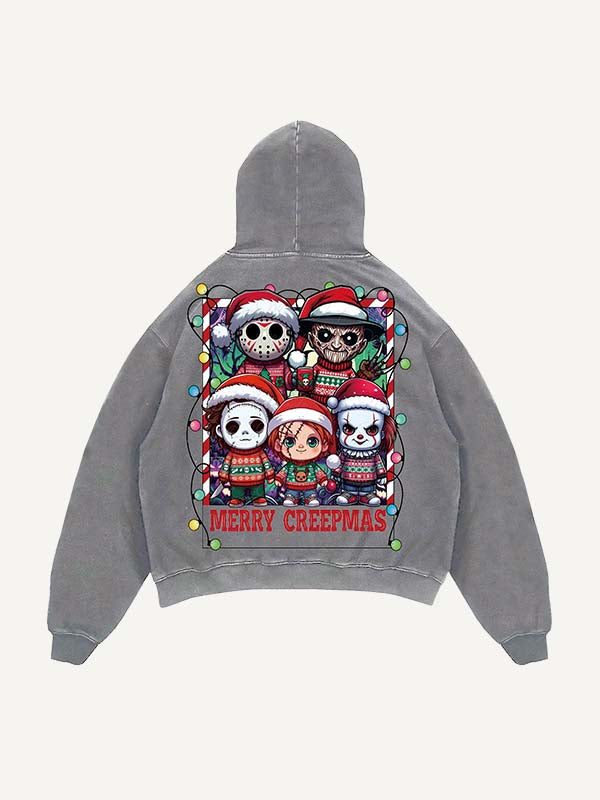 Sudadera con capucha y bolsillos inclinados con estampado de terror navideño desgastado y lavado
