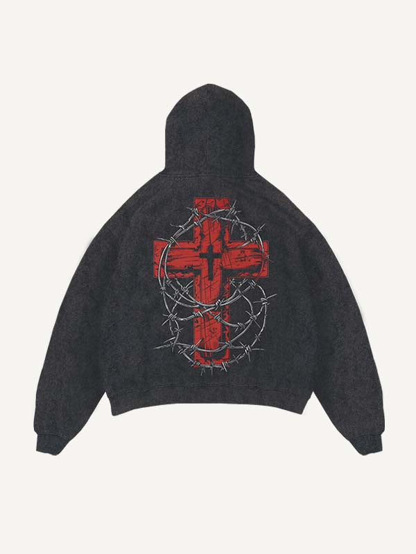 Sudadera con capucha y bolsillos inclinados con estampado de cruz y corazón desgastado