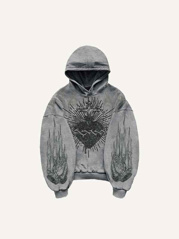 Heart&Pray&Cross&Fire Print Slant Pockets Hoodie