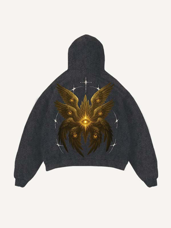 Sudadera con capucha y bolsillos inclinados con estampado de alas y ojos desgastados y lavados