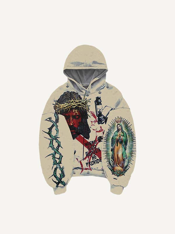 Jesus&Mary&Cross&Letter&Graphic Print Slant Pockets Hoodie