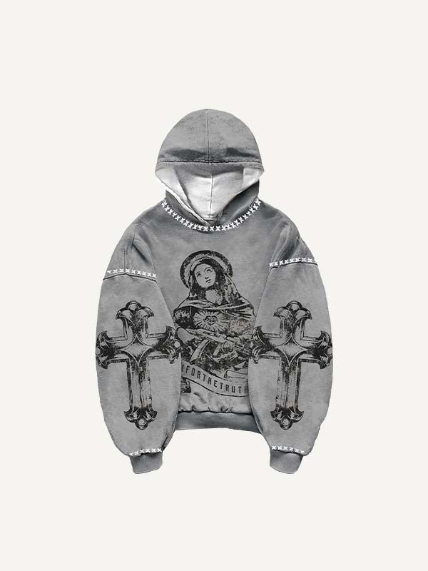 Sudadera con capucha y bolsillos inclinados con estampado de figuras, cruces, letras y gráficos 