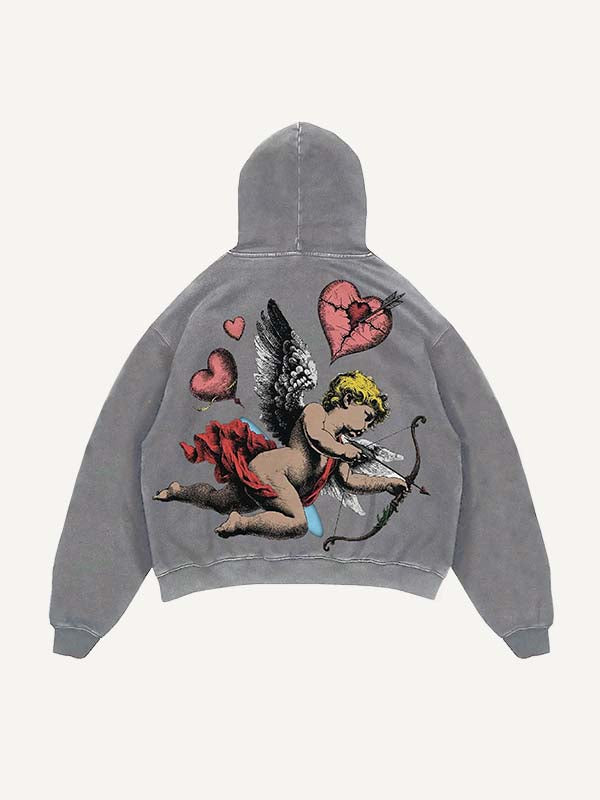 Sudadera con capucha y bolsillos inclinados con estampado de Cupido y Corazón desgastado y lavado 