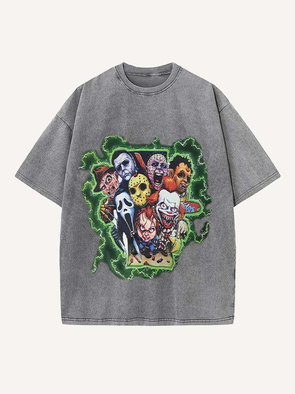 Camiseta de cuello redondo con estampado de terror desgastado y lavado 