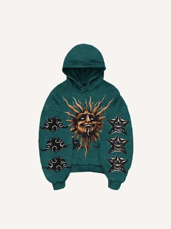 Sudadera con capucha y bolsillos inclinados con estampado de luna, sol, nubes y estrellas malvadas 