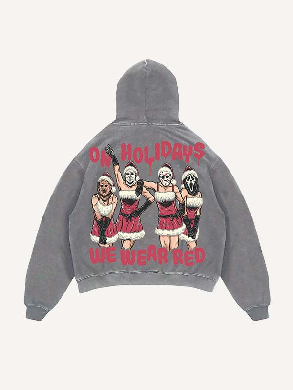 Sudadera con capucha y bolsillos inclinados con estampado de terror navideño desgastado y lavado 
