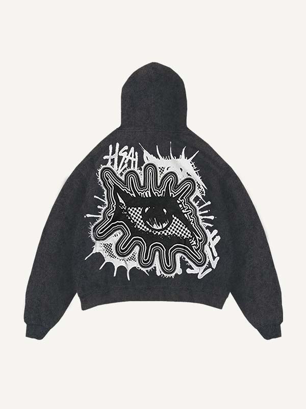 Sudadera con capucha y bolsillos inclinados con estampado de calcomanías falsas de ojos y letras desgastadas 