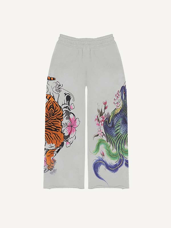 Pantalones con cordón en la cintura y estampado de dragón, tigre y fénix