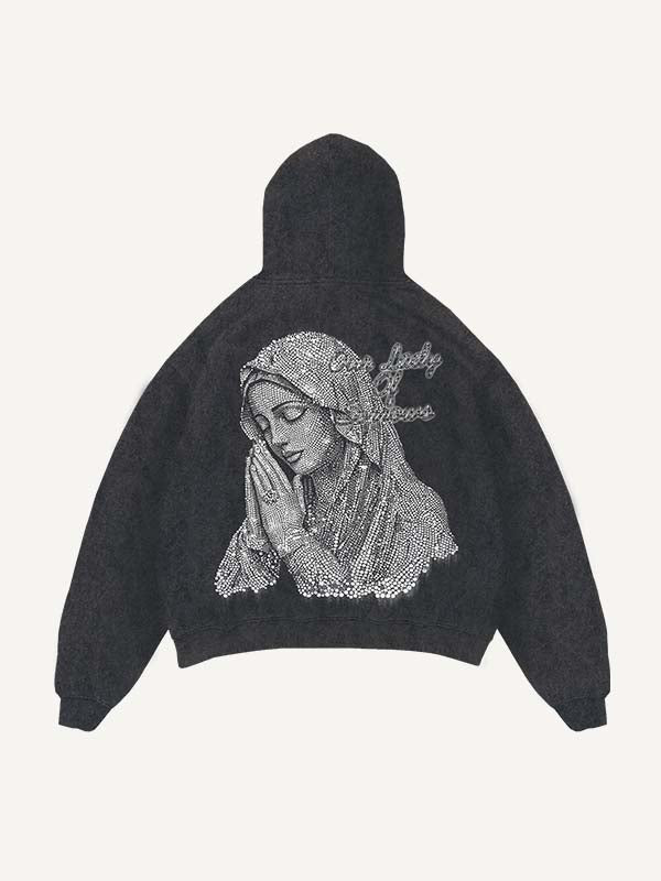 Sudadera con capucha y bolsillos inclinados con estampado de Mary y Letter Pray, desgastada y lavada 