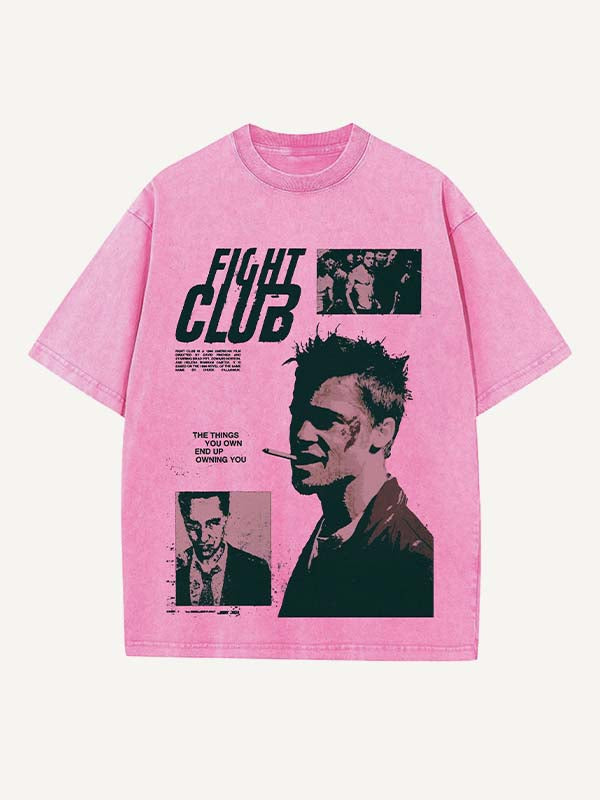 Camiseta de cuello redondo con estampado desgastado, figura lavada, humo y letras 