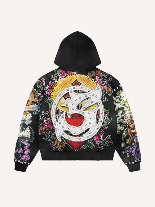 Abrigo con capucha y cremallera con estampado de ángel, cruz, alas, flores, gráficos y letras 