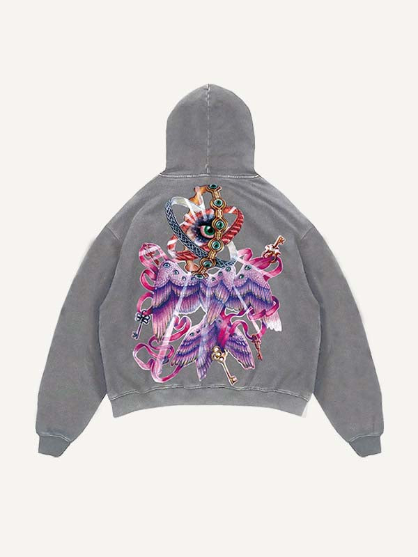 Sudadera con capucha y bolsillos inclinados con estampado gráfico de alas y ojos desgastados