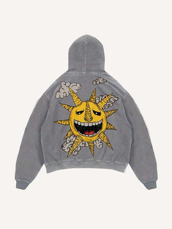 Sudadera con capucha desgastada, lavada, con estampado de luna, sol, estrellas y nubes malvadas y bolsillos inclinados 