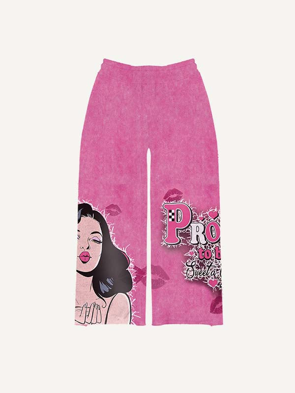 Pantalones con cintura elástica y estampado de figuras, labios y letras 