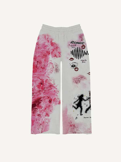 Pantalones con cintura elástica y estampado floral, de labios y gráfico en bloques de color 