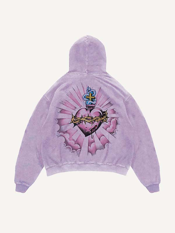 Sudadera con capucha y bolsillos inclinados con estampado desgastado de oraciones, letras, corazones y palmeras 