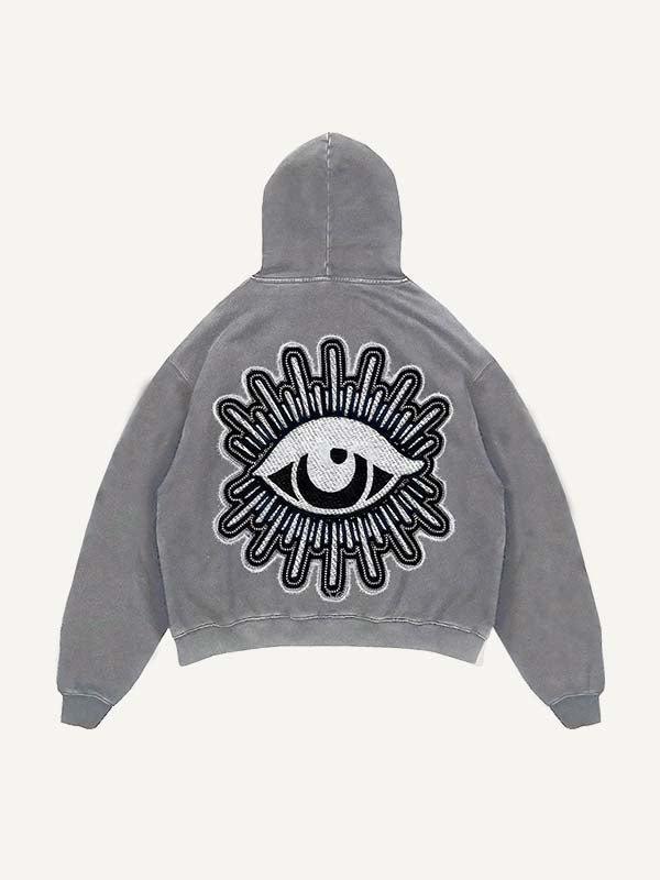 Sudadera con capucha y bolsillos inclinados con estampado de calcomanías falsas de luna, estrellas y ojos desgastados y lavados 