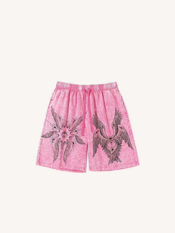 Shorts desgastados, lavados, con alas, ojos y estampado gráfico, cordón en la cintura 