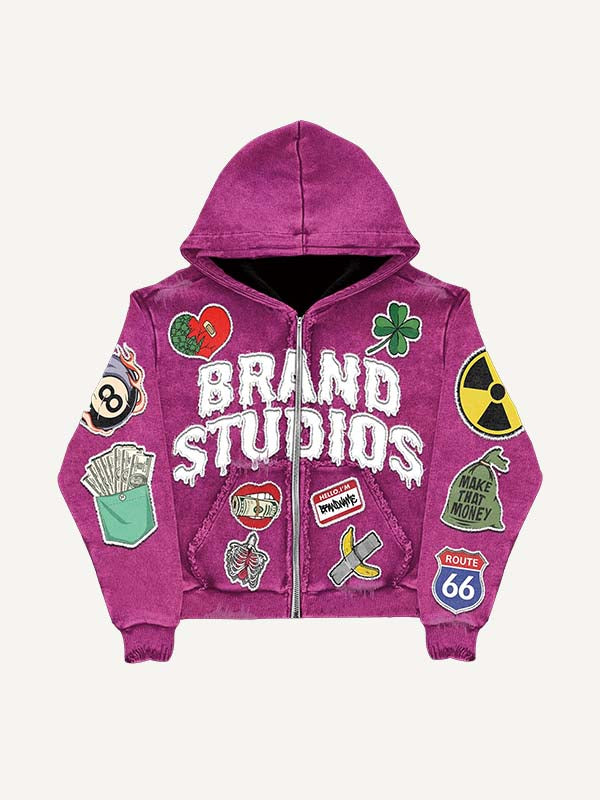 Heart&Skeleton&Graphic&Letter Faux Decal Print Zip Up Hooded Coat