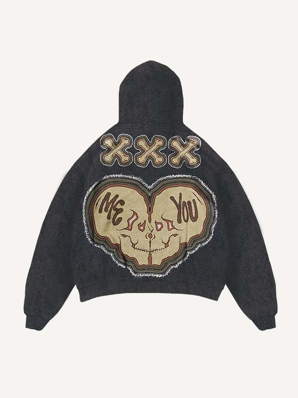 Sudadera con capucha desgastada, lavado y con estampado de calavera falsa "Die For You" y bolsillos inclinados 