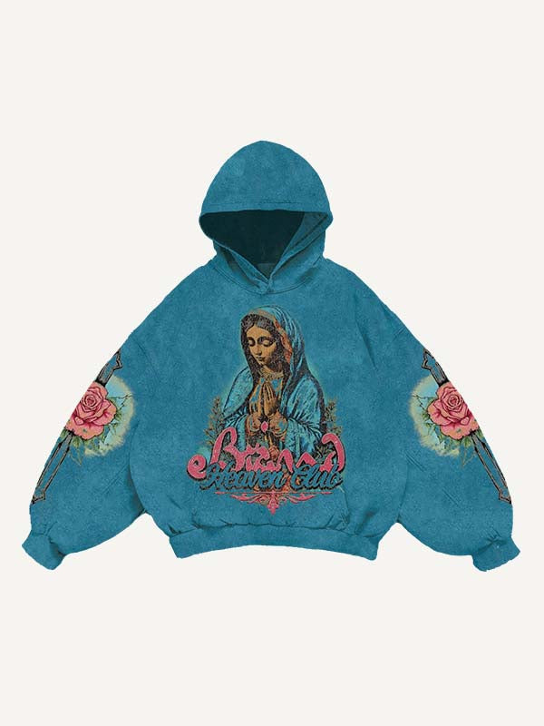 Sudadera con capucha y bolsillos inclinados con estampado de figuras, María, cruz, flores y letras 