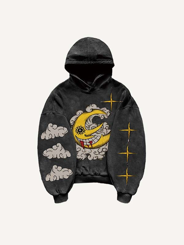 Sudadera con capucha y bolsillos inclinados con estampado de luna, sol, estrellas y nubes malvadas 