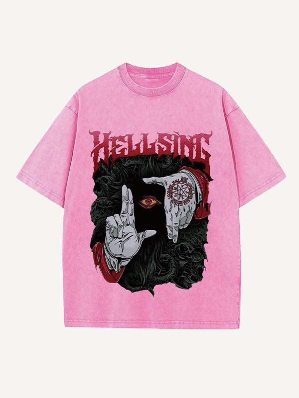 Camiseta de cuello redondo con estampado desgastado de ojos, palmas, letras y gráficos 