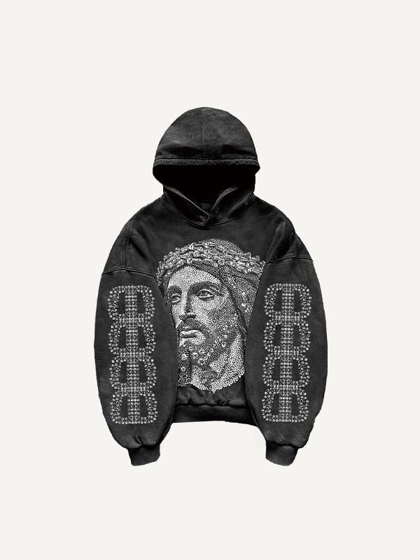 Jesus&Letter Faux Rhinestones Print Slant Pockets Hoodie