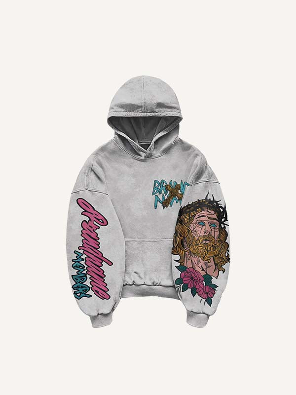 Sudadera con capucha y bolsillos inclinados con estampado de figuras, letras y cruces 