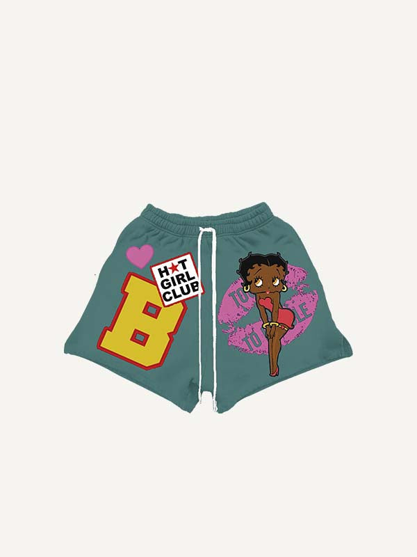 Shorts con cintura con cordón y estampado de calcomanías falsas con figura, labios, corazones y letras