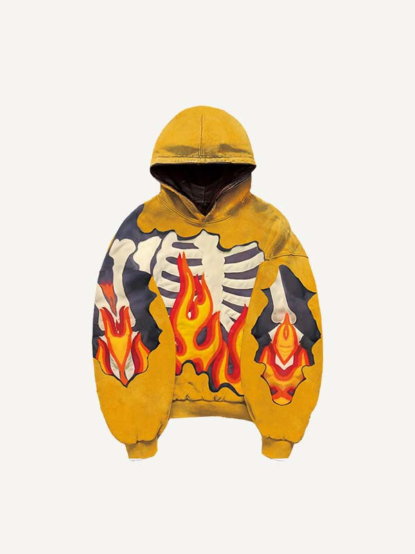 Fire&Skeleton Faux Decal Print Slant Pockets Hoodie