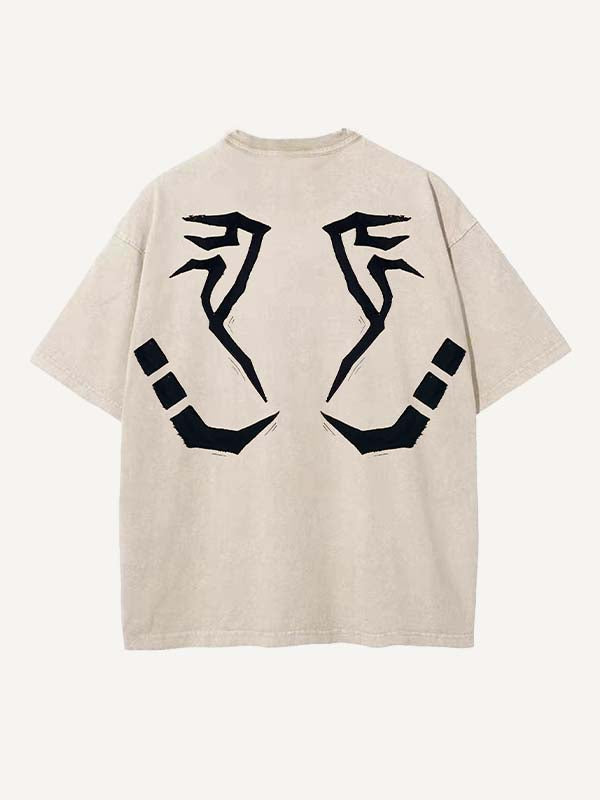 Camiseta de cuello redondo con estampado desgastado de lengüeta lavada y calcomanía falsa gráfica 