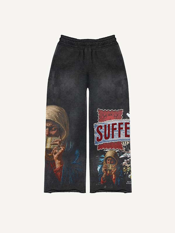Pantalones con cintura elástica y estampado de figuras, dinero, cruces, gráficos y letras 