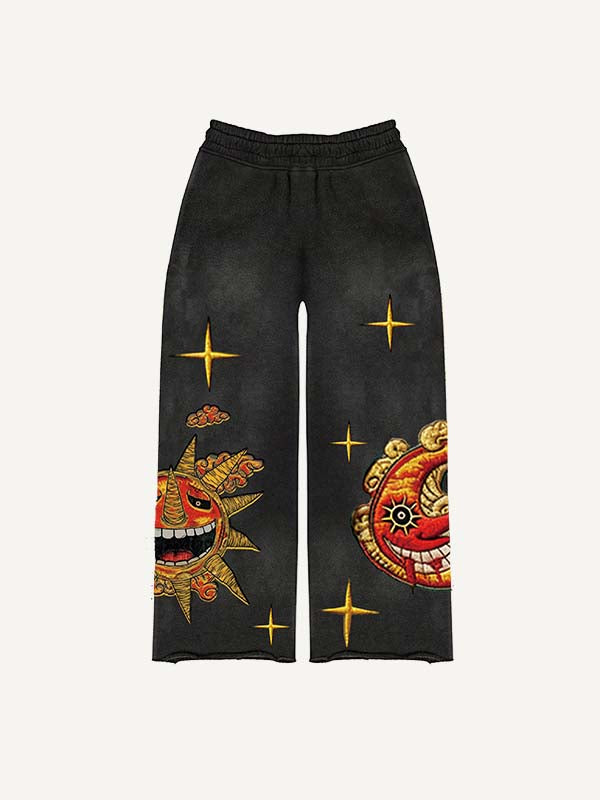 Pantalones con cintura elástica y estampado de calcomanías falsas de sol, luna, estrellas y nubes malvados 