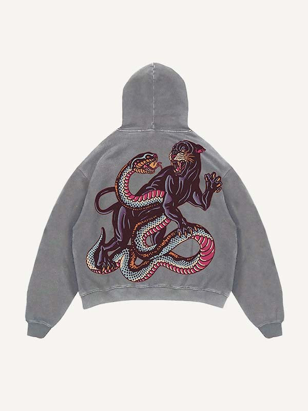 Sudadera con capucha y bolsillos inclinados con estampado de tigre, serpiente y pantera desgastado y lavado