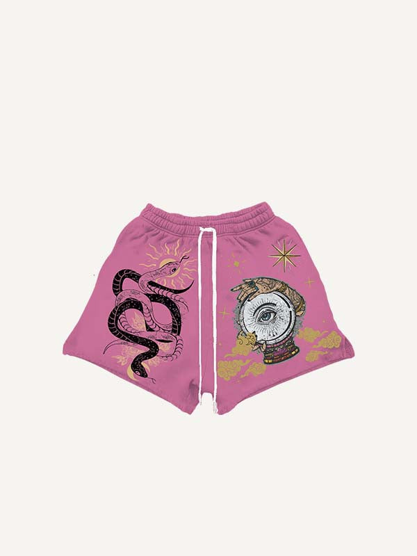 Shorts con cintura con cordón y estampado gráfico de ojos, nubes, serpientes y palmeras 