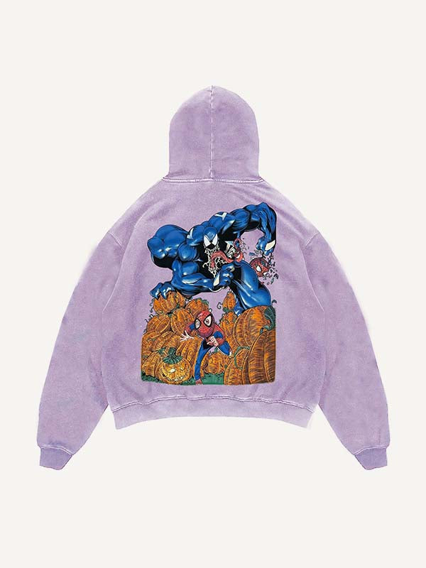 Sudadera con capucha y bolsillos inclinados con estampado desgastado de Venom, Spider-Man y calabaza