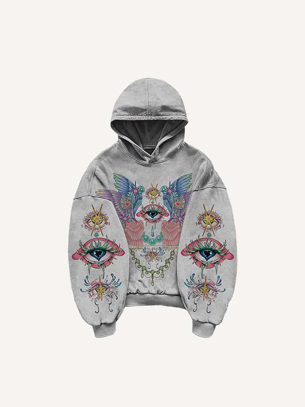 Sudadera con capucha y bolsillos inclinados con estampado de ojos y alas 