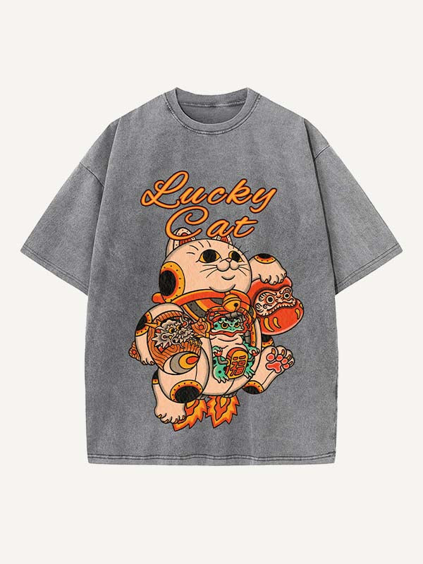 Camiseta de cuello redondo con estampado desgastado de gato, dragón, animal y gráfico 