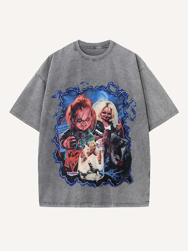 Camiseta de cuello redondo con estampado de terror desgastado y lavado 