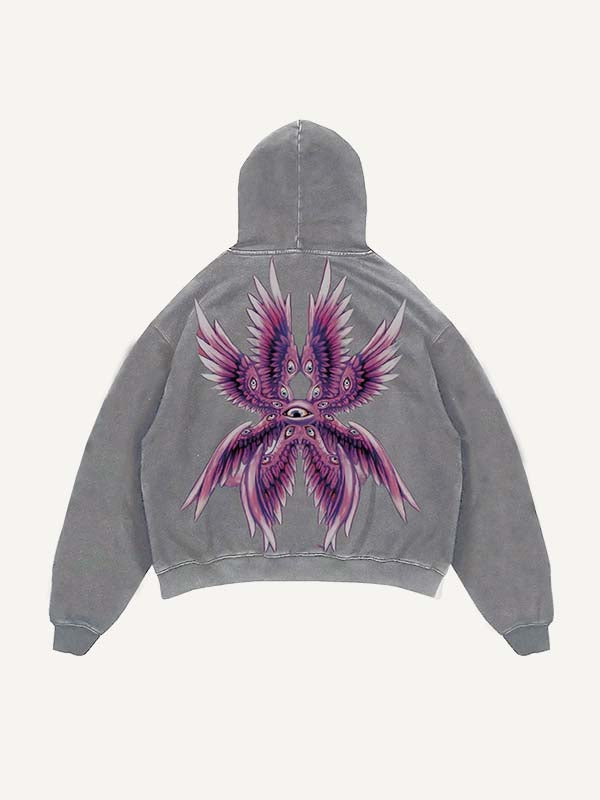 Sudadera con capucha y bolsillos inclinados con estampado desgastado de ojos y alas 