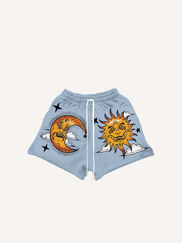 Pantalones cortos con cordón en la cintura y estampado gráfico de sol, luna y ojos malvados