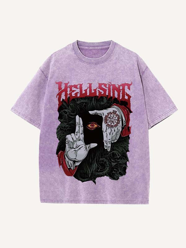 Camiseta de cuello redondo con estampado desgastado de ojos, palmas, letras y gráficos 