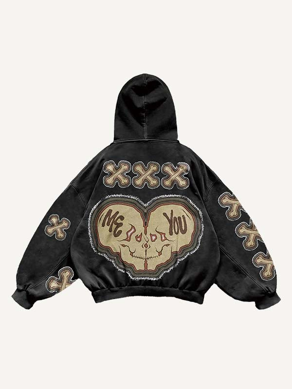 Die For You Skull&Cross Faux Decal Print Slant Pockets Hoodie